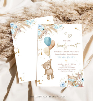 Editable Boho Teddy Bear Baby Shower Invitation We can Bearly Wait Boy Blue Bohemian Pampas Grass Cute Template Instant Download Corjl 0421