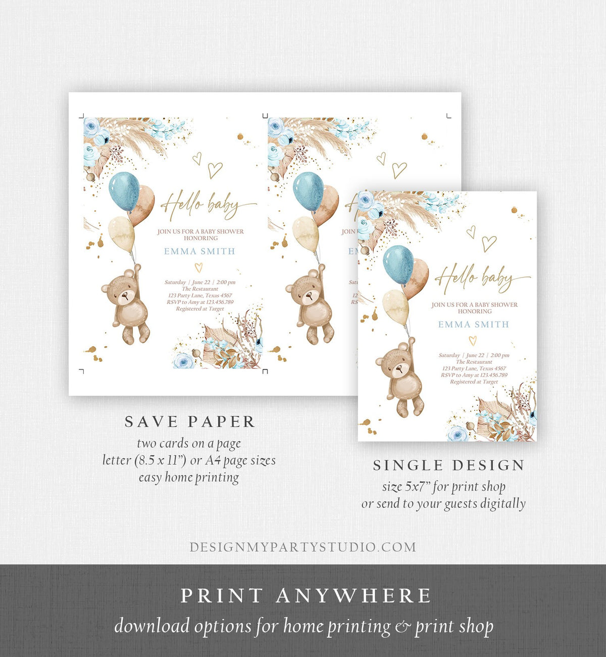 Editable Teddy Bear Baby Shower Invitation We can Bearly Wait Boy Blue Bohemian Pampas Grass Boho Digital Download Template Printable 0421