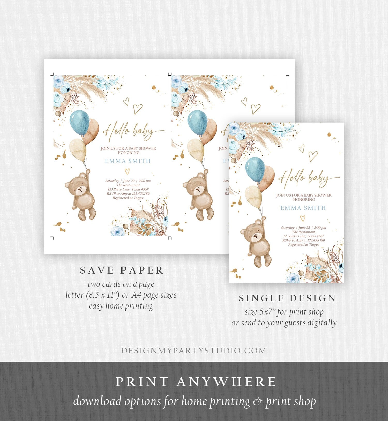 Editable Teddy Bear Baby Shower Invitation We can Bearly Wait Boy Blue Bohemian Pampas Grass Boho Digital Download Template Printable 0421