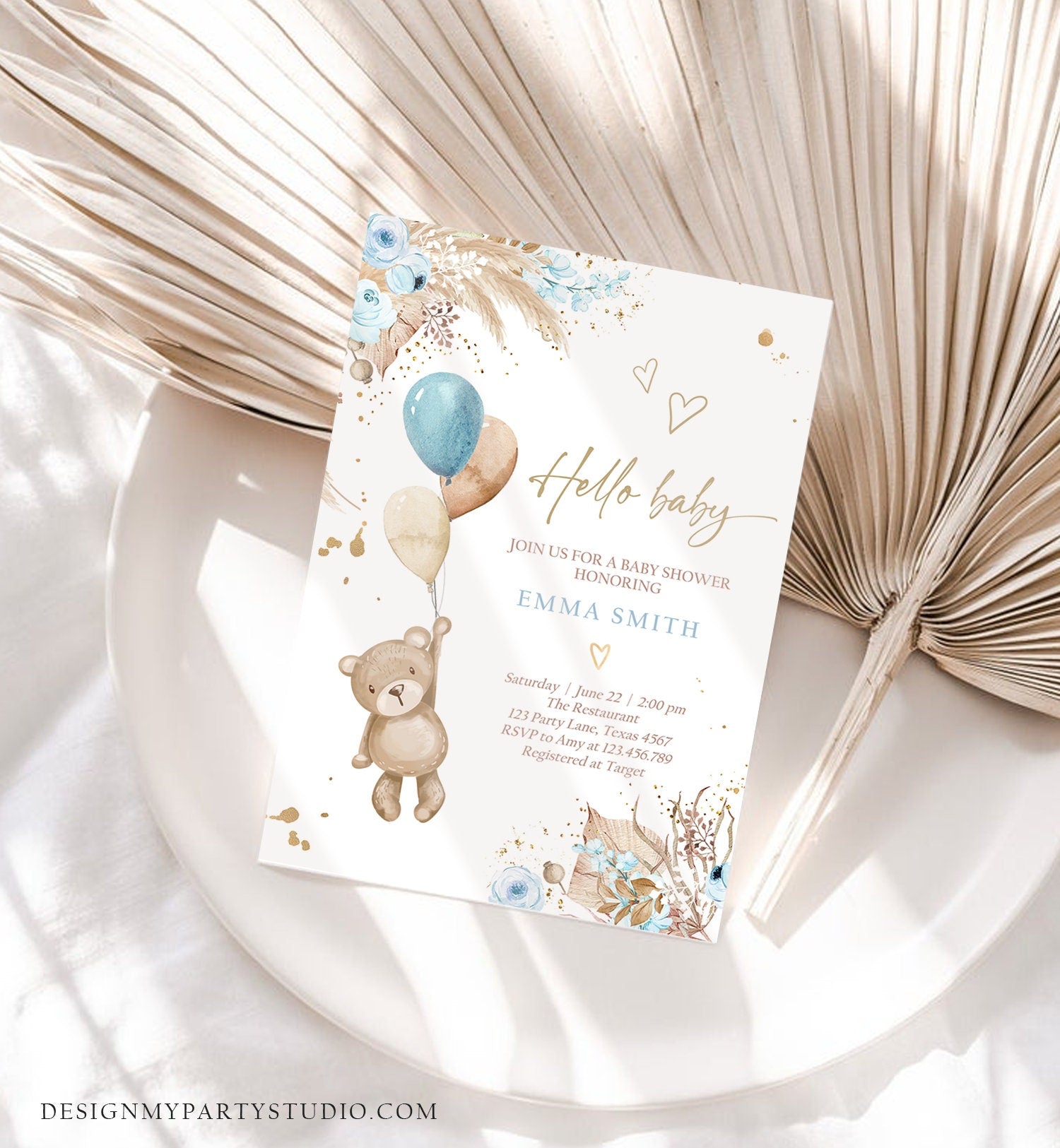 Editable Teddy Bear Baby Shower Invitation We can Bearly Wait Boy Blue Bohemian Pampas Grass Boho Digital Download Template Printable 0421
