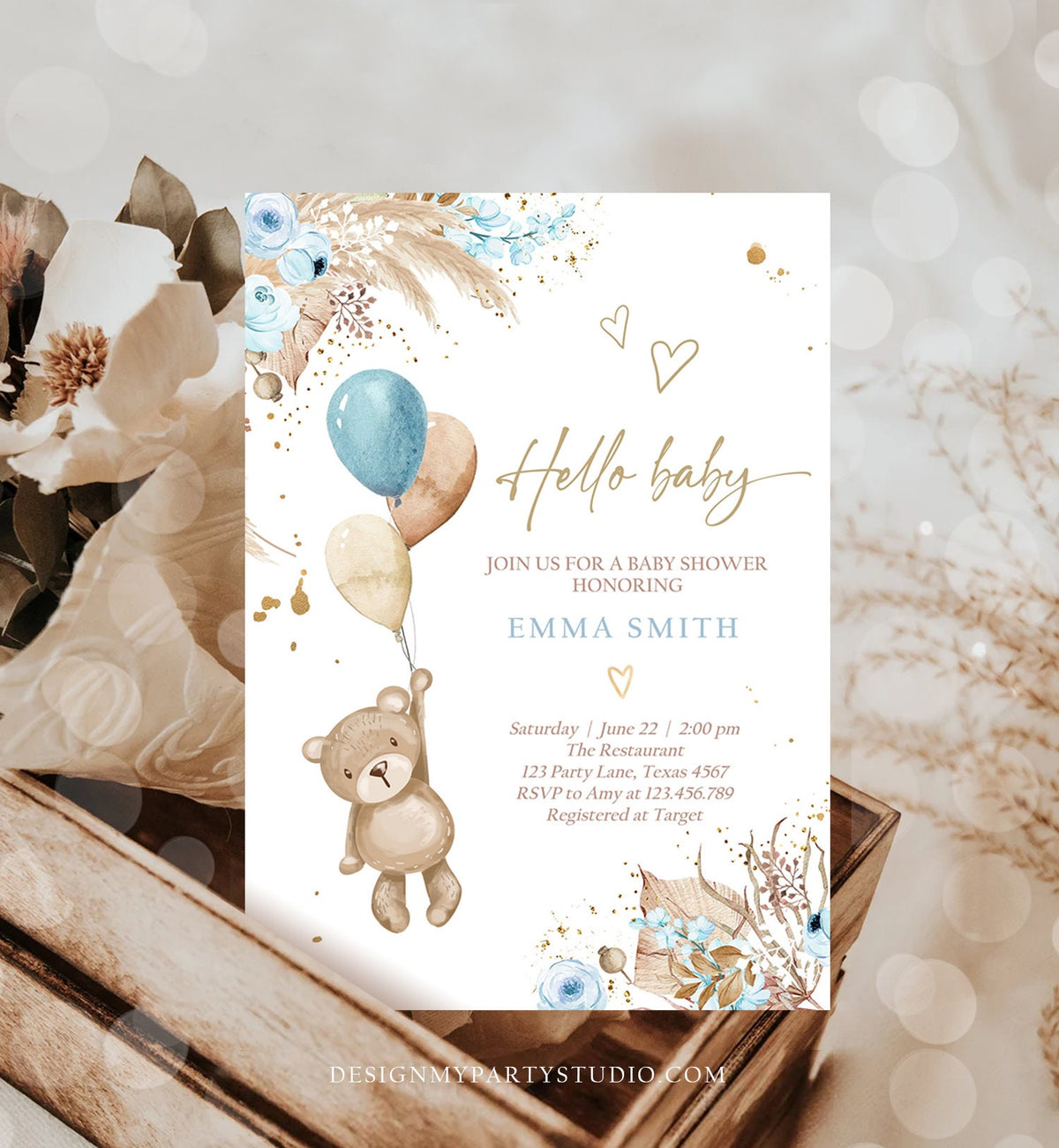 Editable Teddy Bear Baby Shower Invitation We can Bearly Wait Boy Blue Bohemian Pampas Grass Boho Digital Download Template Printable 0421
