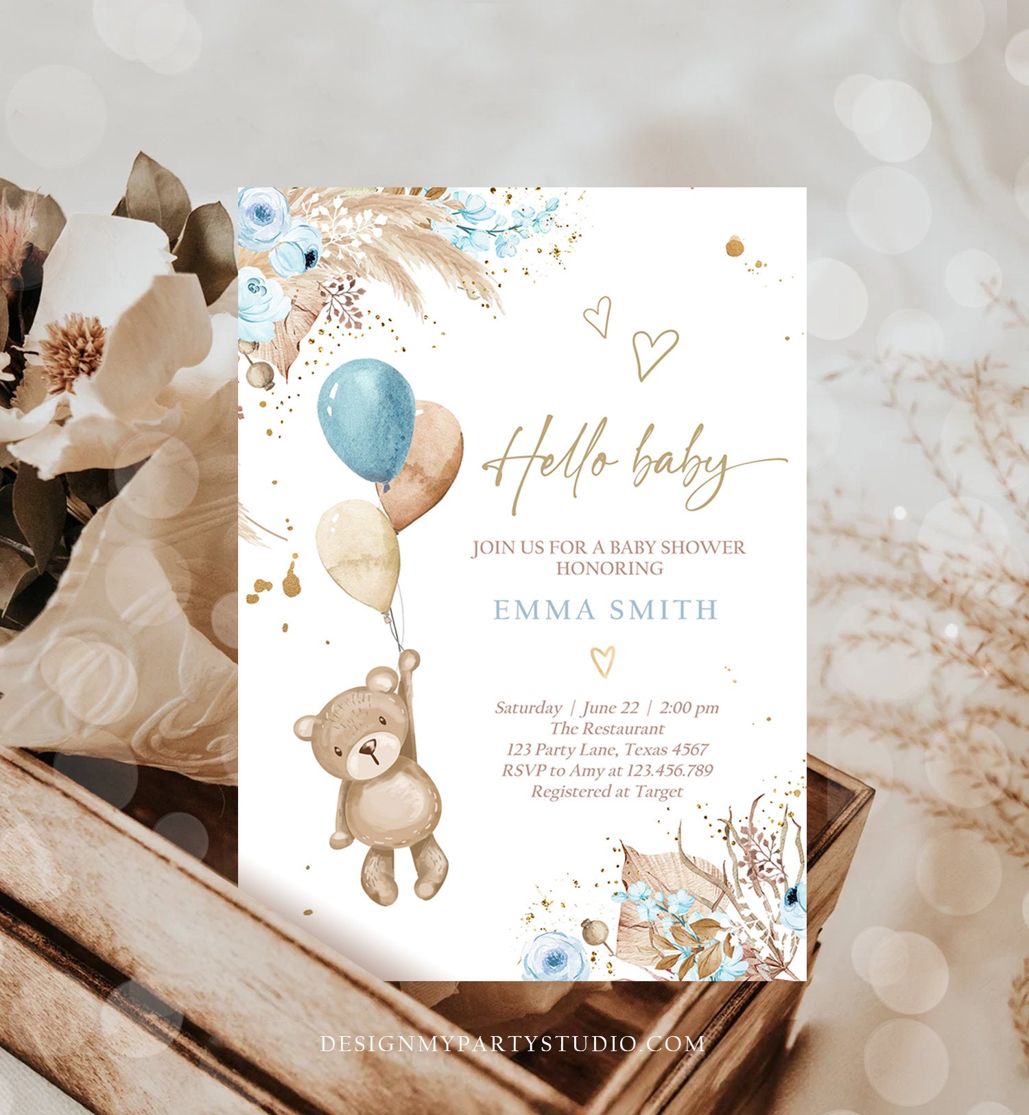 Editable Boho Teddy Bear Baby Shower Invitation We can Bearly Wait Boy Blue Bohemian Pampas Grass Cute Template Instant Download Corjl 0421