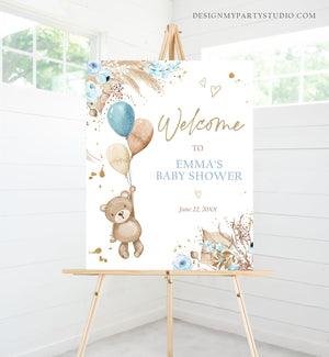 Editable Boho Teddy Bear Welcome Sign Bear Baby Shower Boy Bearly Wait Baby Shower Pampas Grass Bohemian Corjl Template Printable 0421