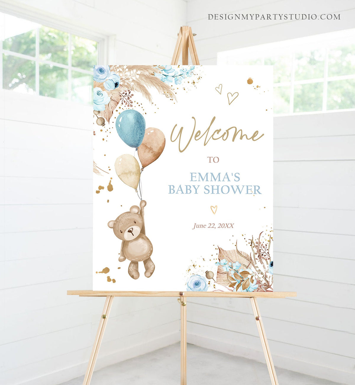 Editable Boho Teddy Bear Welcome Sign Bear Baby Shower Boy Bearly Wait Baby Shower Pampas Grass Bohemian Digital Template Printable 0421