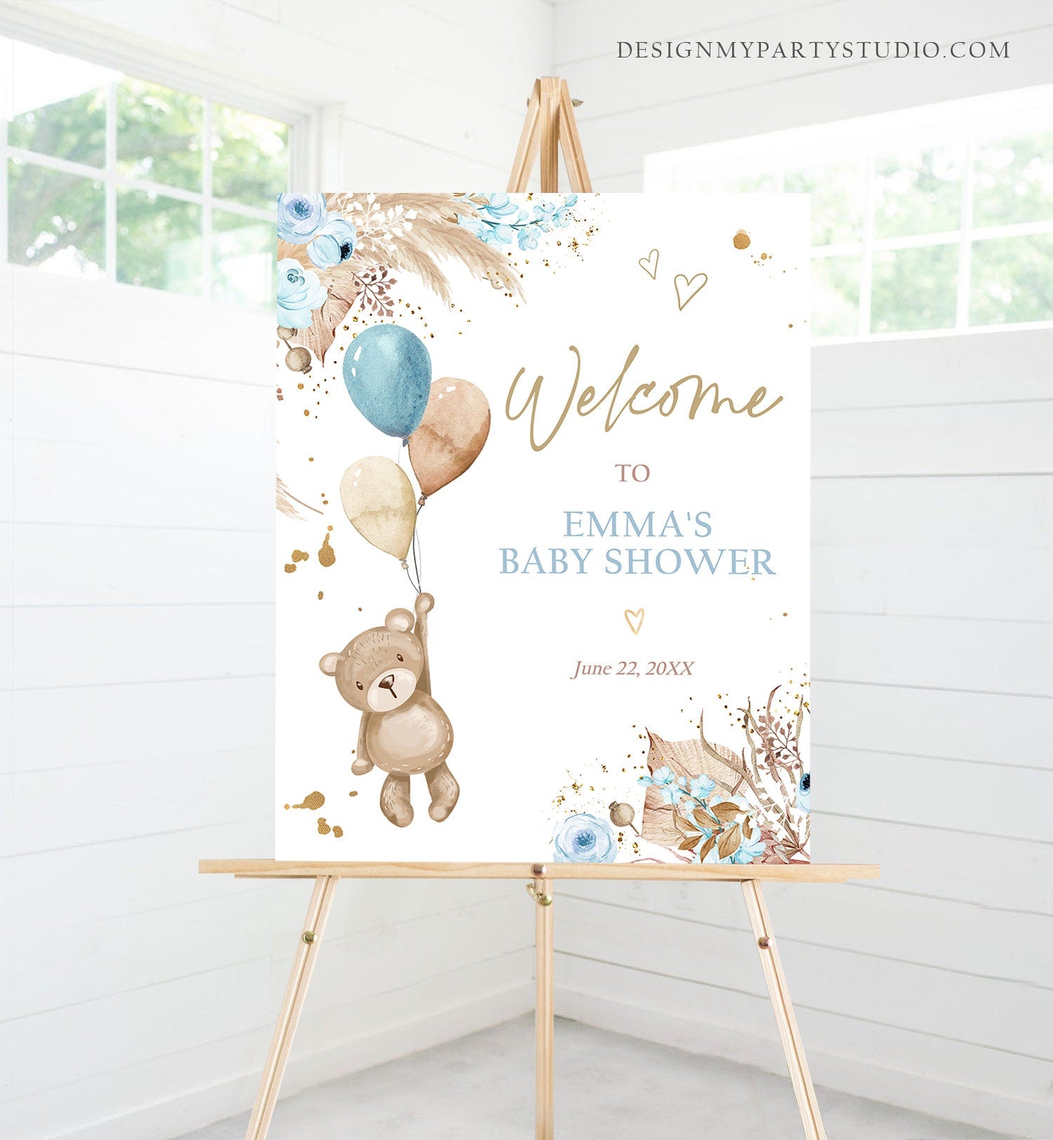 Editable Boho Teddy Bear Welcome Sign Bear Baby Shower Boy Bearly Wait Baby Shower Pampas Grass Bohemian Digital Template Printable 0421