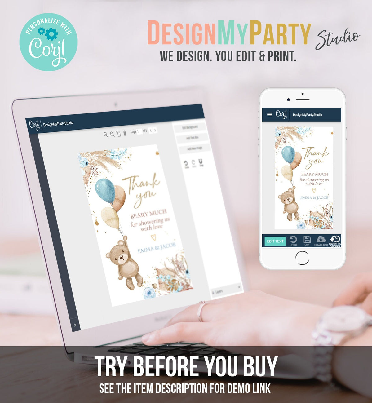 Editable Boho Teddy Bear Favor Tags Thank You Beary Much Tag Bearly Wait Baby Shower Bear Label Boy Pampas Digital Template Printable 0421