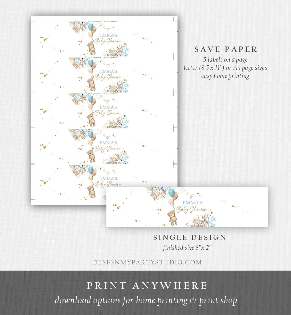 Editable Teddy Bear Water Bottle Label Boho Rustic Bearly Wait Baby Shower Party Decor Boy Blue Digital Download Template Printable 0421