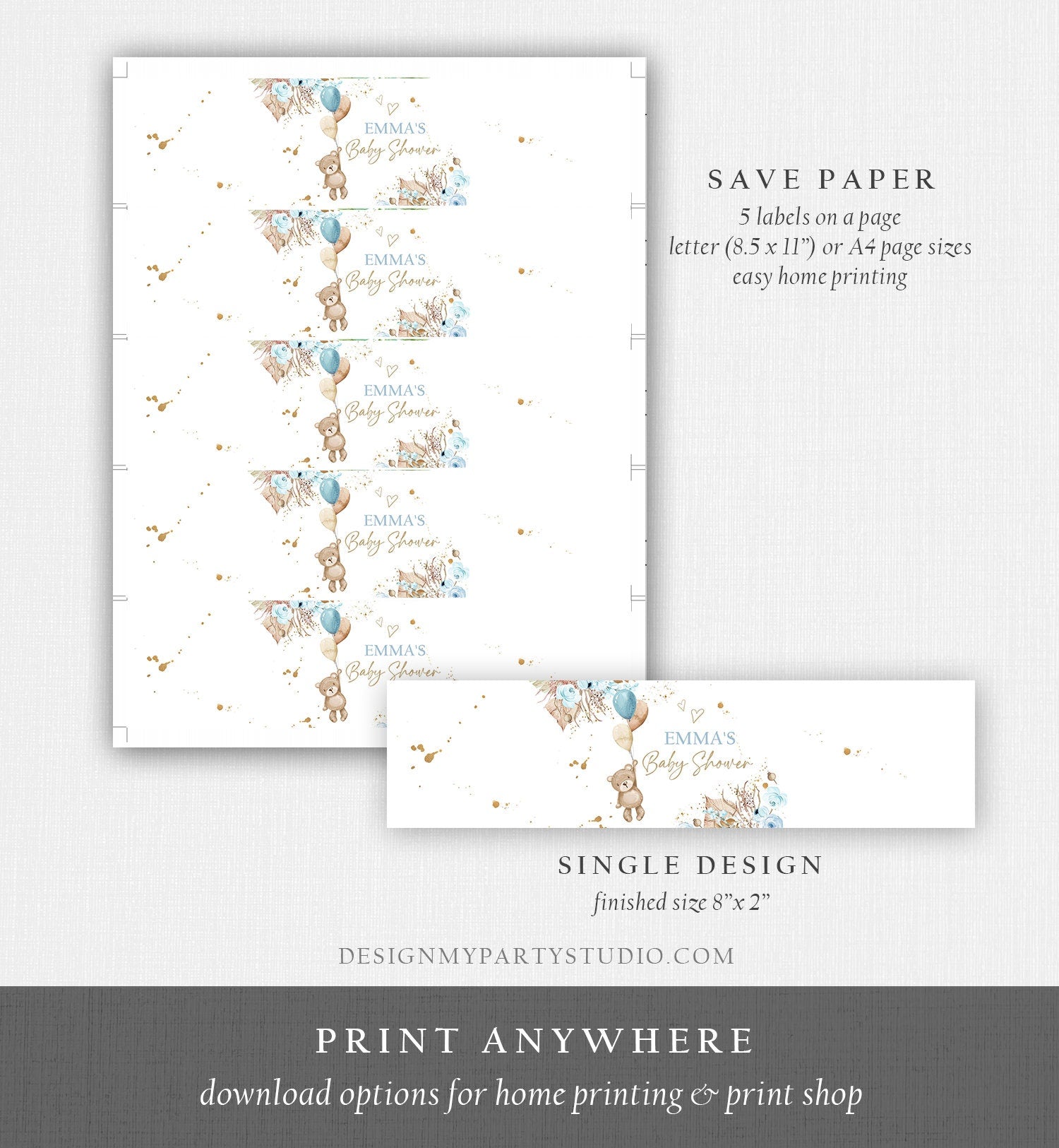 Editable Teddy Bear Water Bottle Label Boho Rustic Bearly Wait Baby Shower Party Decor Boy Blue Digital Download Template Printable 0421