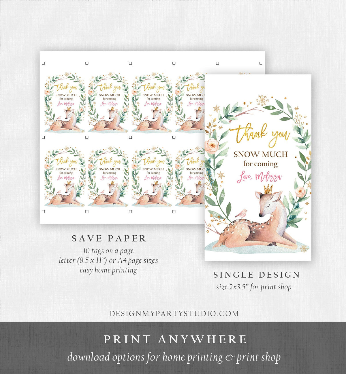 Editable Winter Birthday Favor Tags Pink Girl Snowflakes Thank You Snow much Winter Onederland Deer Shower Digital Template Printable 0265