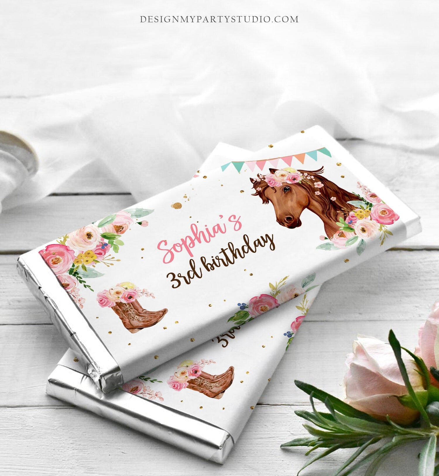 Editable Horse Chocolate Bar Labels Candy Bar Wrapper Horse Birthday Cowgirl Floral Girl Saddle Up Download Corjl Template Printable 0408