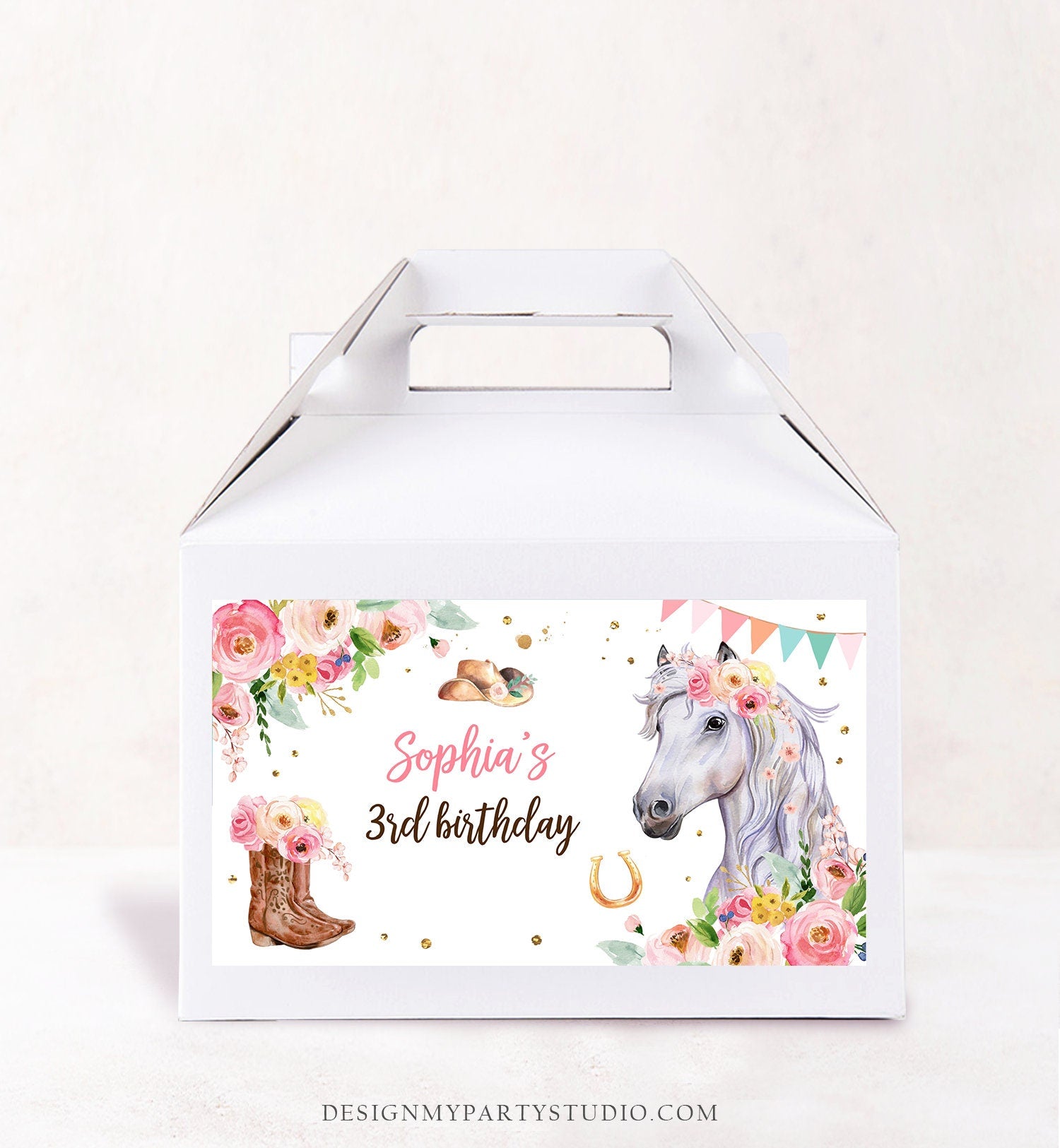 Editable Horse Birthday Gable Gift Box Label Cowgirl Birthday Favors Girl Treat Box Label Pony Party Floral Download Template Printable 0408