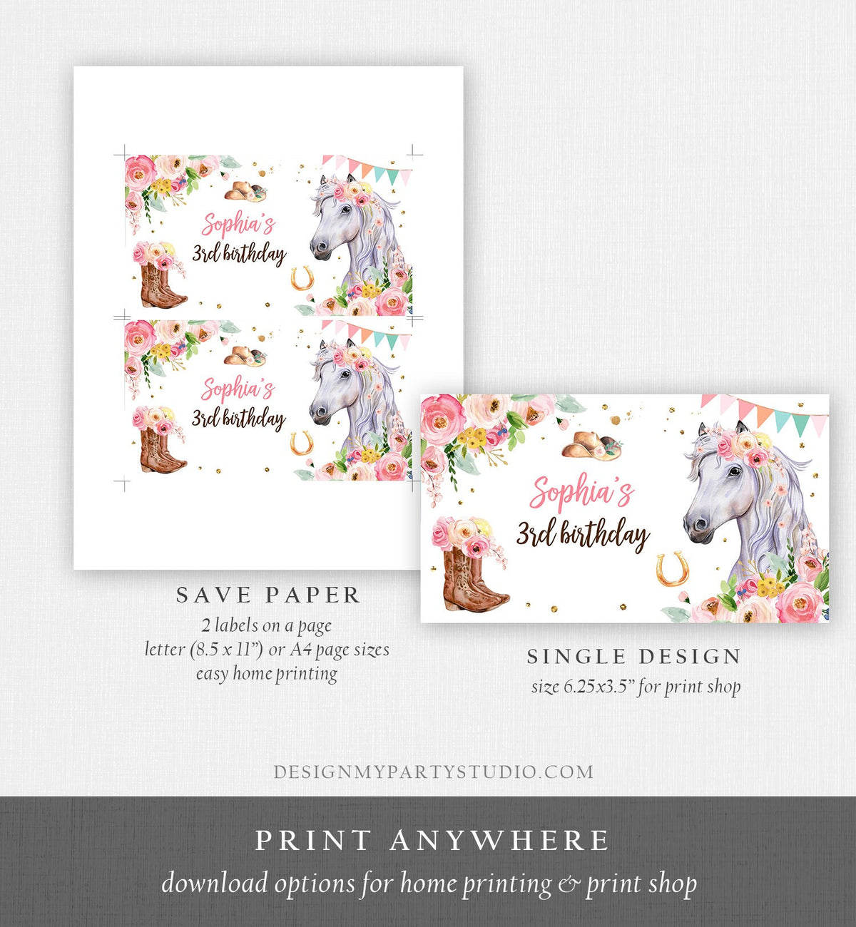 Editable Horse Birthday Gable Gift Box Label Cowgirl Birthday Favors Girl Treat Box Label Pony Party Floral Download Template Printable 0408