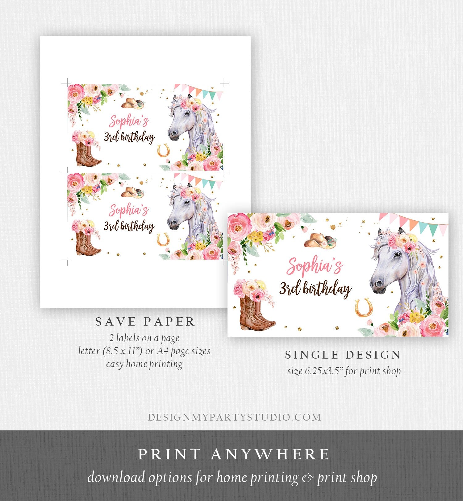 Editable Horse Birthday Gable Gift Box Label Cowgirl Birthday Favors Girl Treat Box Label Pony Party Floral Download Template Printable 0408