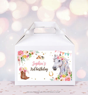 Editable Horse Birthday Gable Gift Box Label Cowgirl Birthday Favors Girl Treat Box Label Pony Party Floral Download Printable Corjl 0408