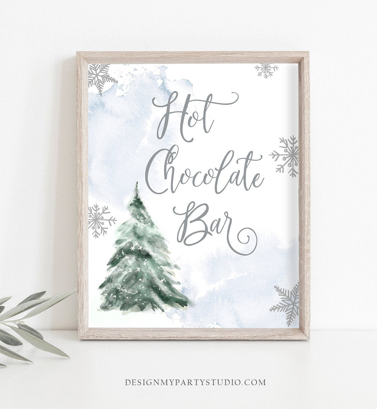 Hot Chocolate Bar Sign Winter Tree Watercolor Snow Birthday Baby Shower Signs Cocoa Bar Sign Drink Station Blue Boy Download Printable 0363