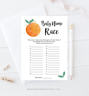 Editable Baby Name Race Baby Shower Game Card Little Cutie Orange Clementine Guess Baby Names Sprinkle Activity Download Template Corjl 0330