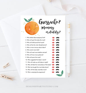 Editable Mommy or Daddy Guess Who Baby Shower Game Card Little Cutie Orange Clementine Guess Sprinkle Activity Download Template Corjl 0330