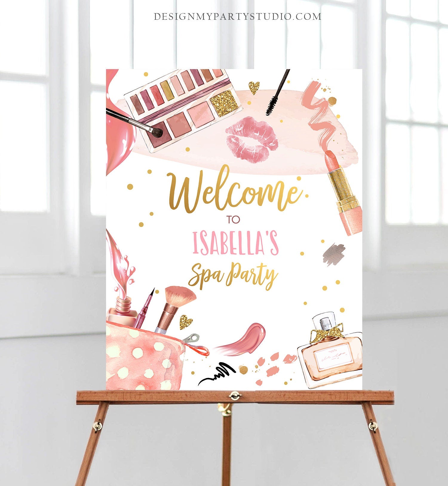 Editable Spa Party Birthday Welcome Sign Glamour Party Spa Birthday Decor Girl Pink and Gold Makeup Party Template Corjl PRINTABLE 0420