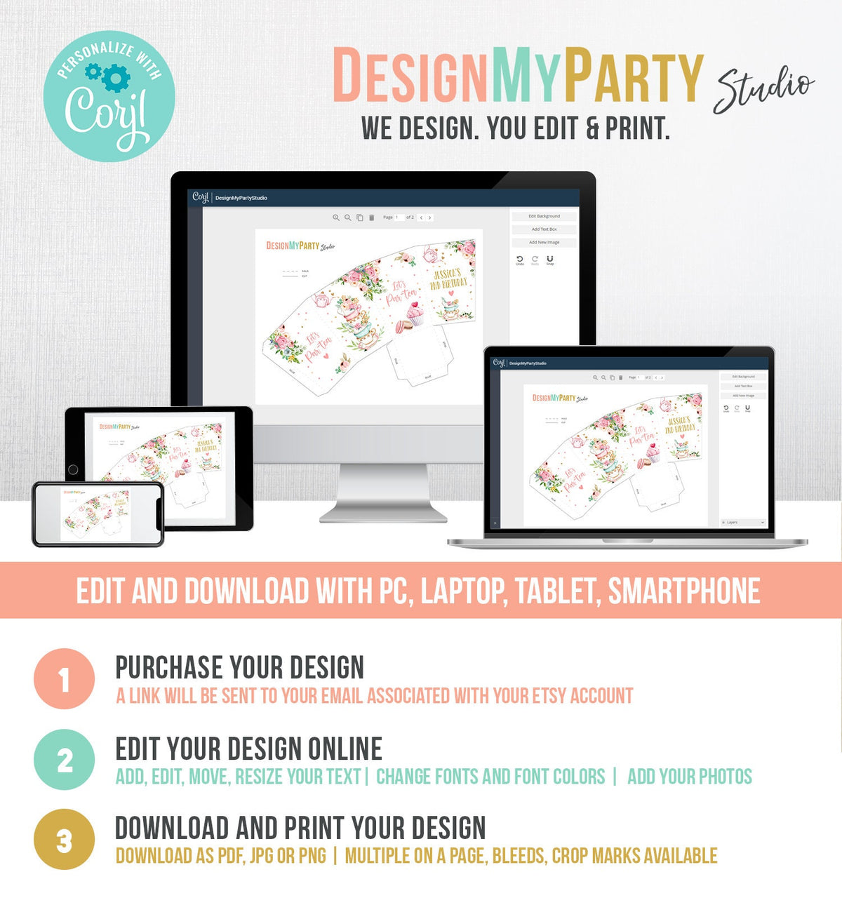 Editable Tea Party Popcorn Box Tea Party Birthday Baby Shower Greenery Garden Floral Holder Cup Favor Box Digital Template Printable 0349