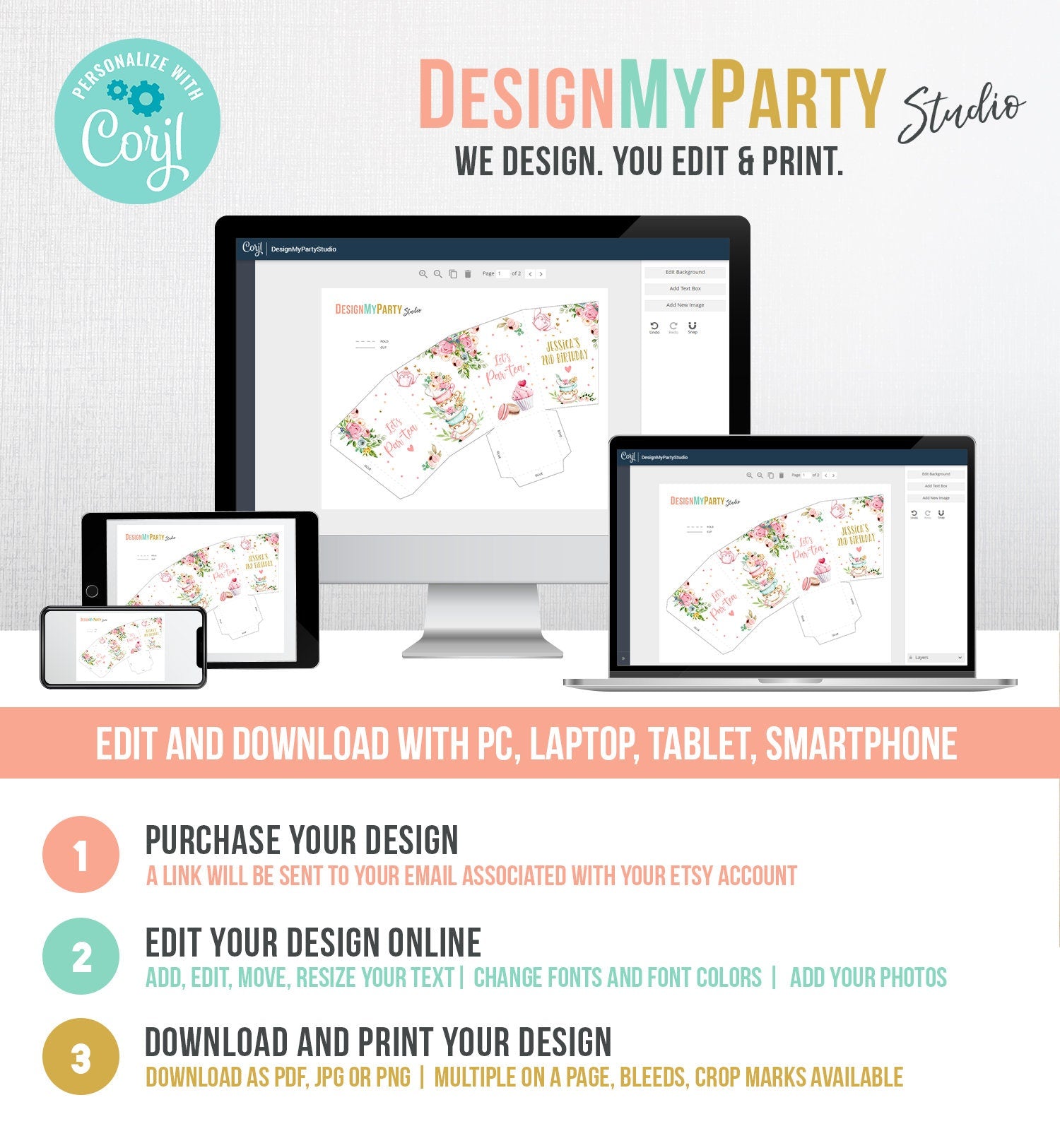 Editable Tea Party Popcorn Box Tea Party Birthday Baby Shower Greenery Garden Floral Holder Cup Favor Box Digital Template Printable 0349