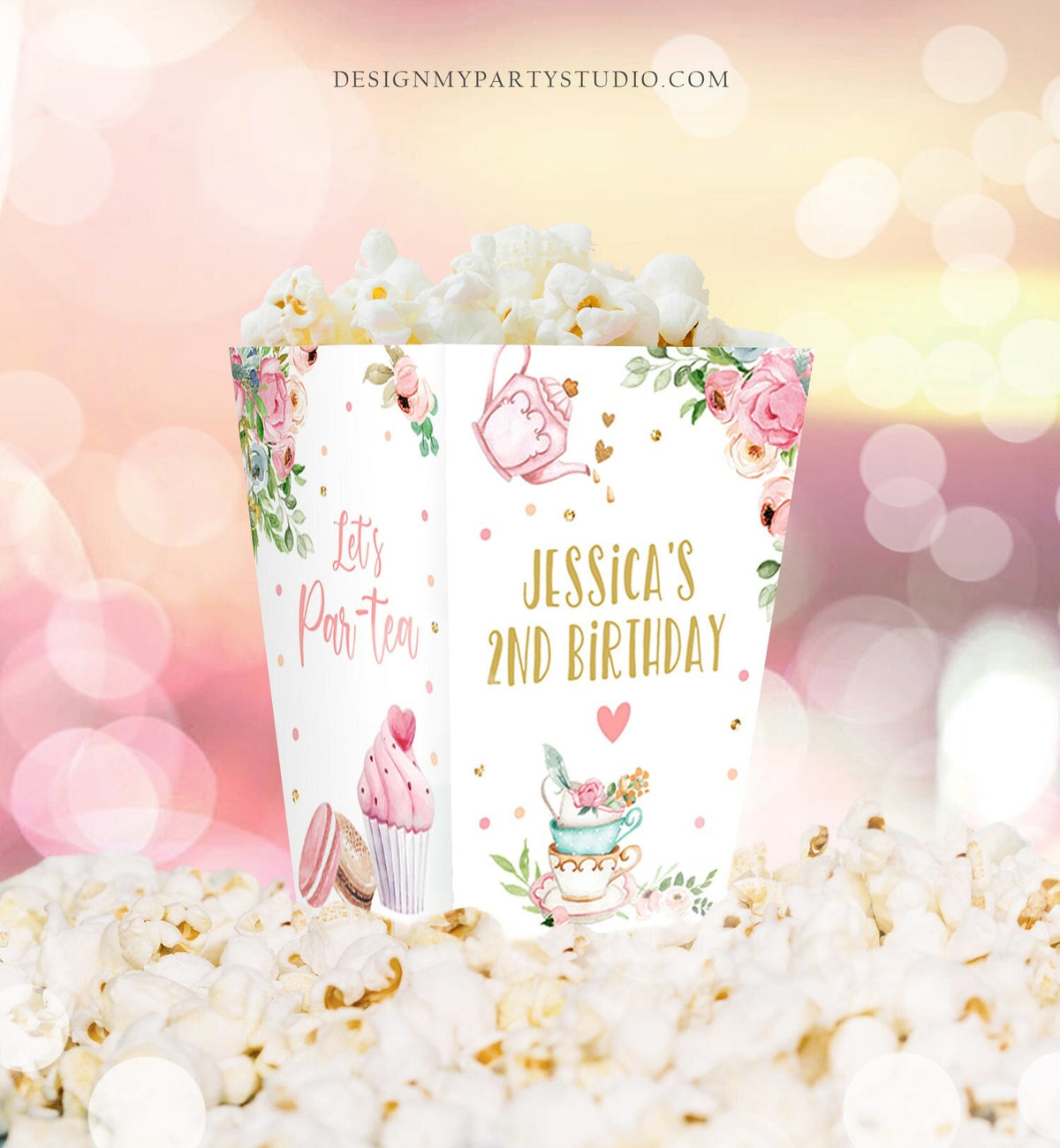 Editable Tea Party Popcorn Box Tea Party Birthday Baby Shower Greenery Garden Floral Holder Cup Favor Box Digital Template Printable 0349