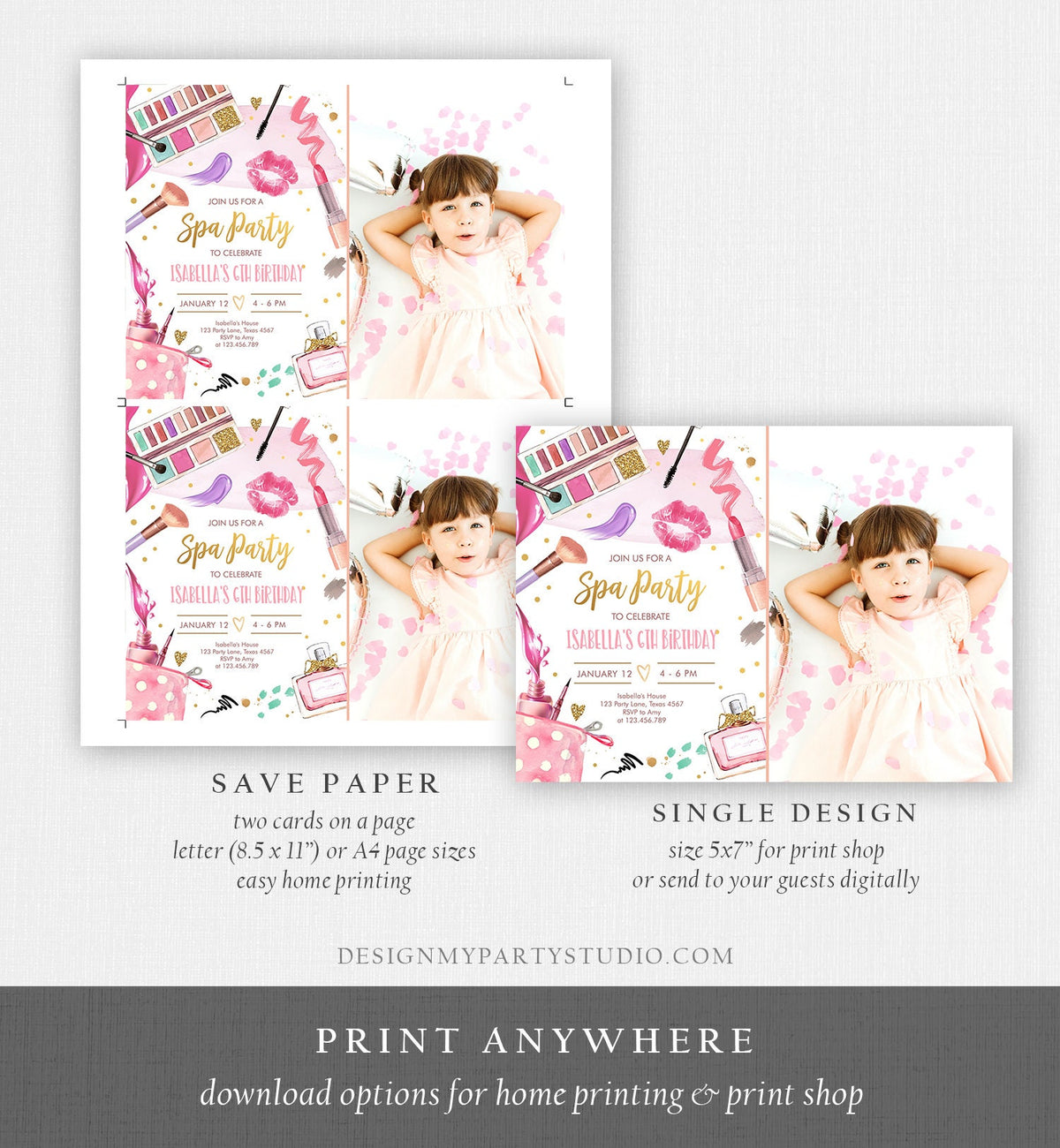 Editable Spa Birthday Invitation Party Glitters and Glamour Fashion Makeup Pink Gold Girl Digital Download Evite Template Printable 0420