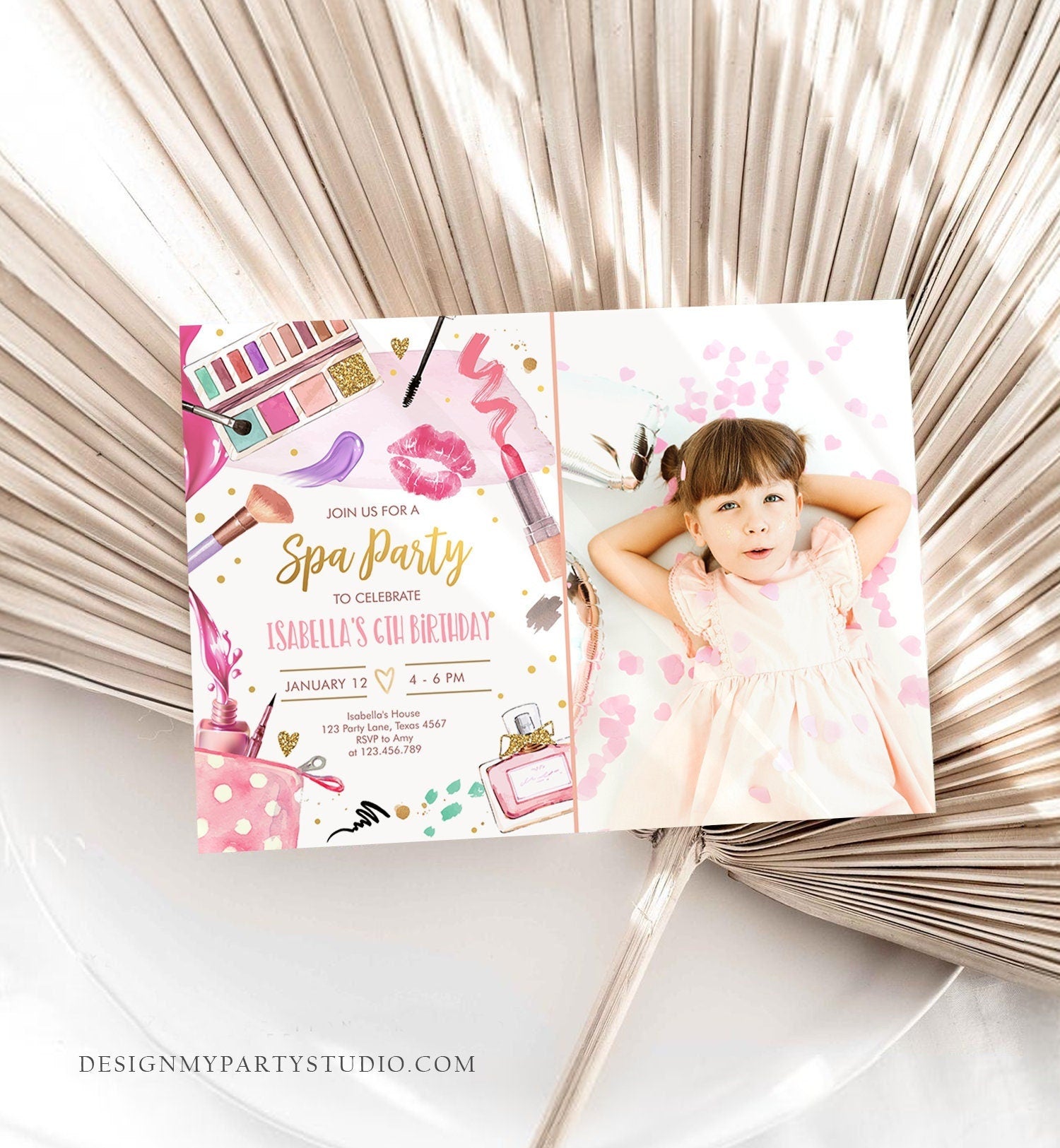 Editable Spa Birthday Invitation Party Glitters and Glamour Fashion Makeup Pink Gold Girl Digital Download Evite Template Printable 0420