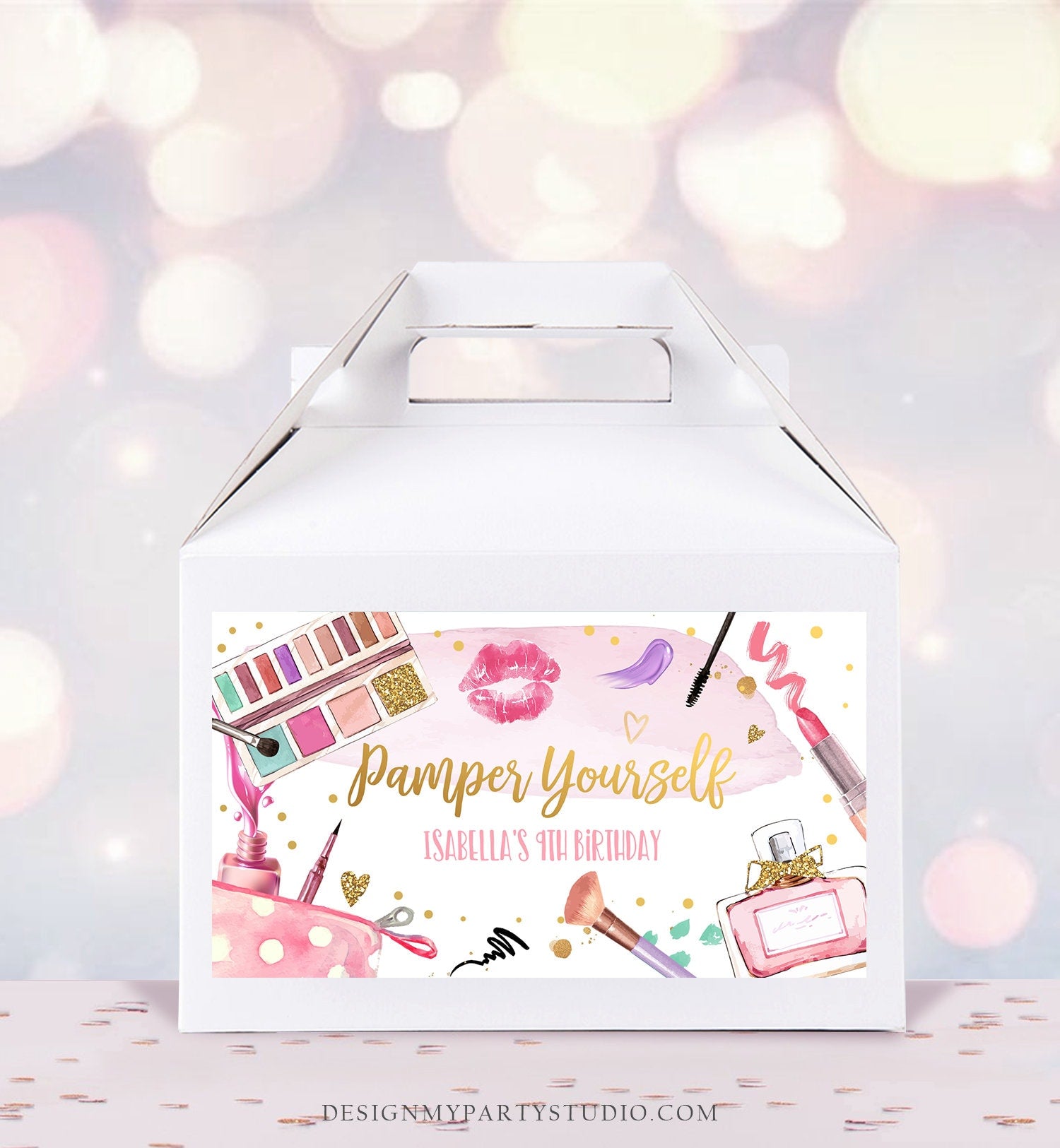 Editable Spa Party Favor Box Glamour Birthday Gable Box Label Girl Pamper Yourself Get Pampered Glam Party Download Printable Corjl 0420