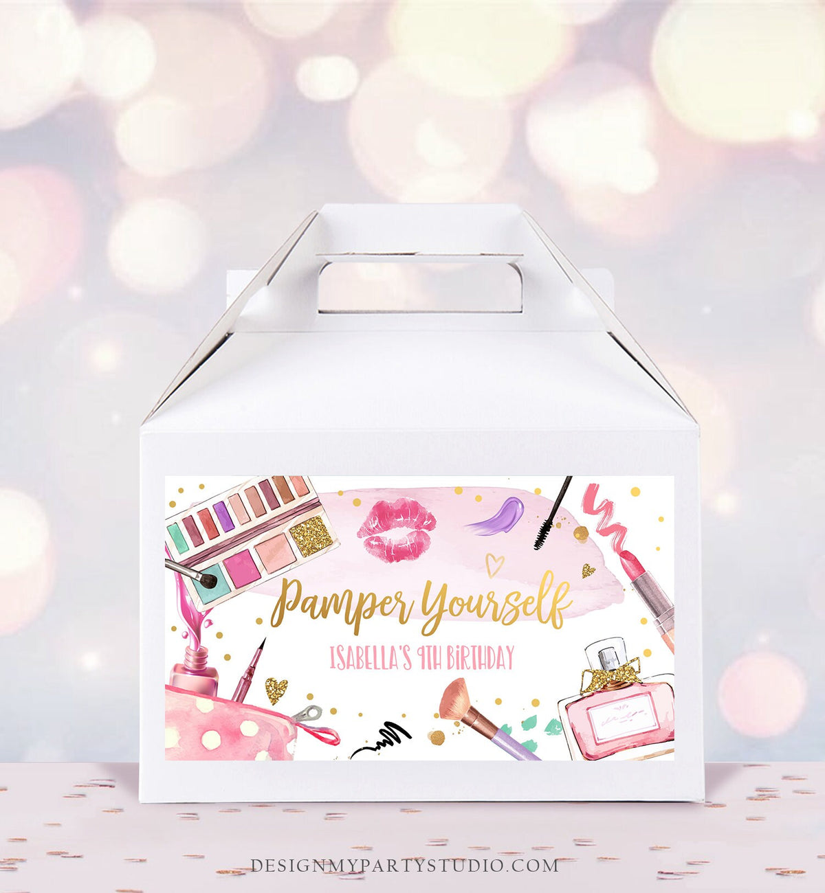 Editable Spa Party Favor Box Glamour Birthday Gable Box Label Girl Pamper Yourself Get Pampered Glam Party Download Template Printable 0420