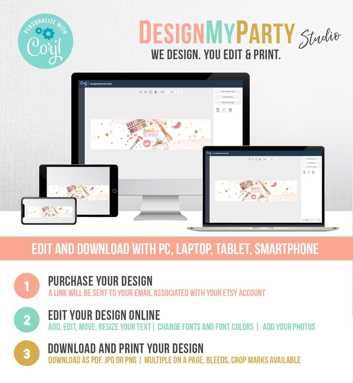 Editable Spa Party Water Bottle Labels Spa Birthday Party Girl Glamour Glitters and Glamour Makeup Download Printable Template Corjl 0420