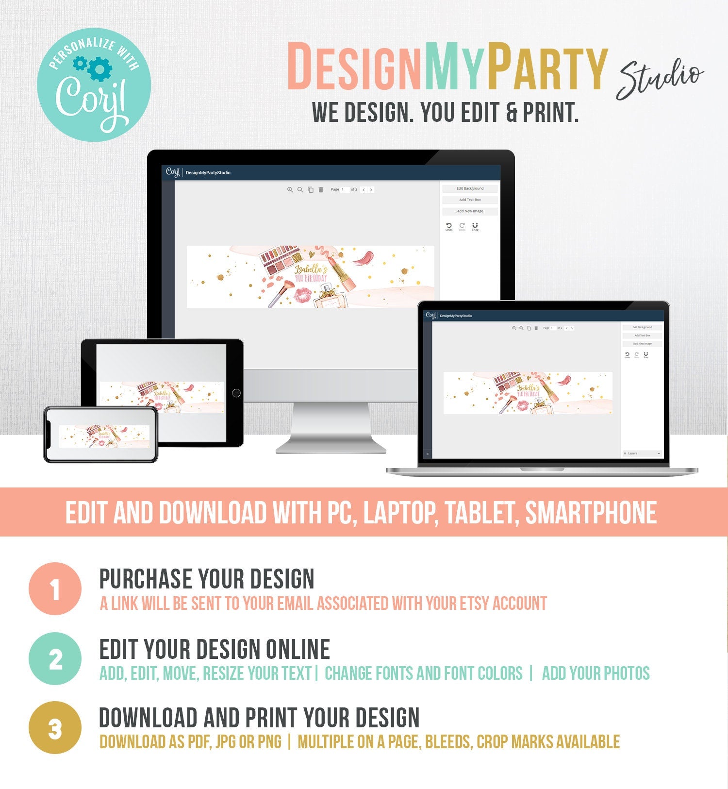 Editable Spa Party Water Bottle Labels Spa Birthday Party Girl Glamour Glitters and Glamour Makeup Download Printable Template Corjl 0420