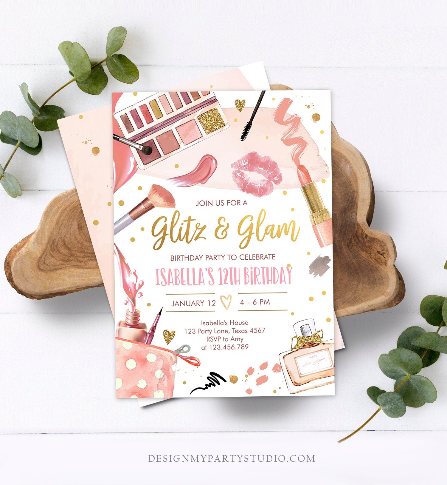 Editable Glitz and Glam Birthday Party Invitation Spa Party Makeup Birthday Invitation Pink Gold Girl Digital Evite Template Printable 0420