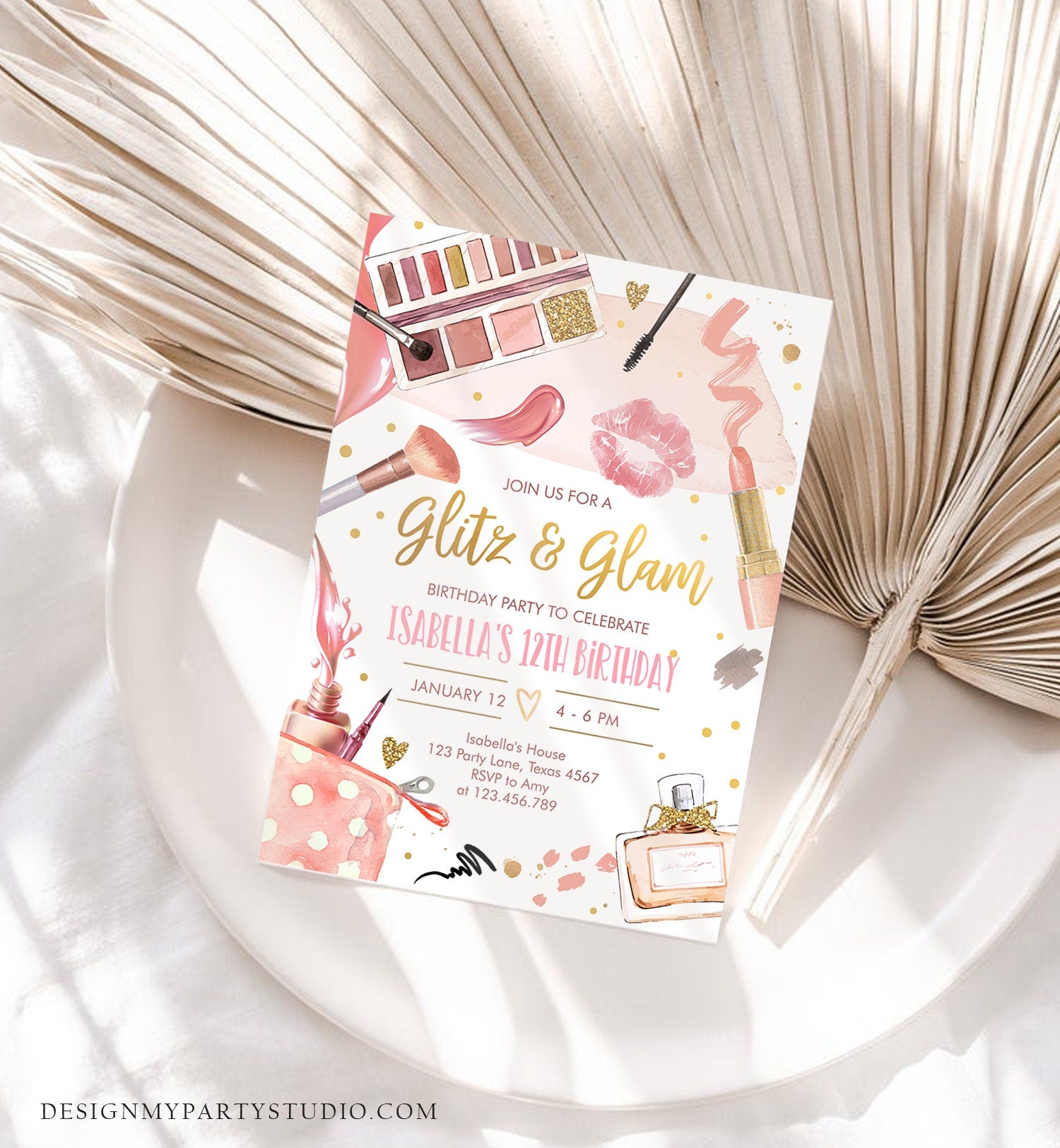 Editable Glitz and Glam Birthday Party Invitation Spa Party Makeup Birthday Invitation Pink Gold Girl Digital Evite Template Printable 0420