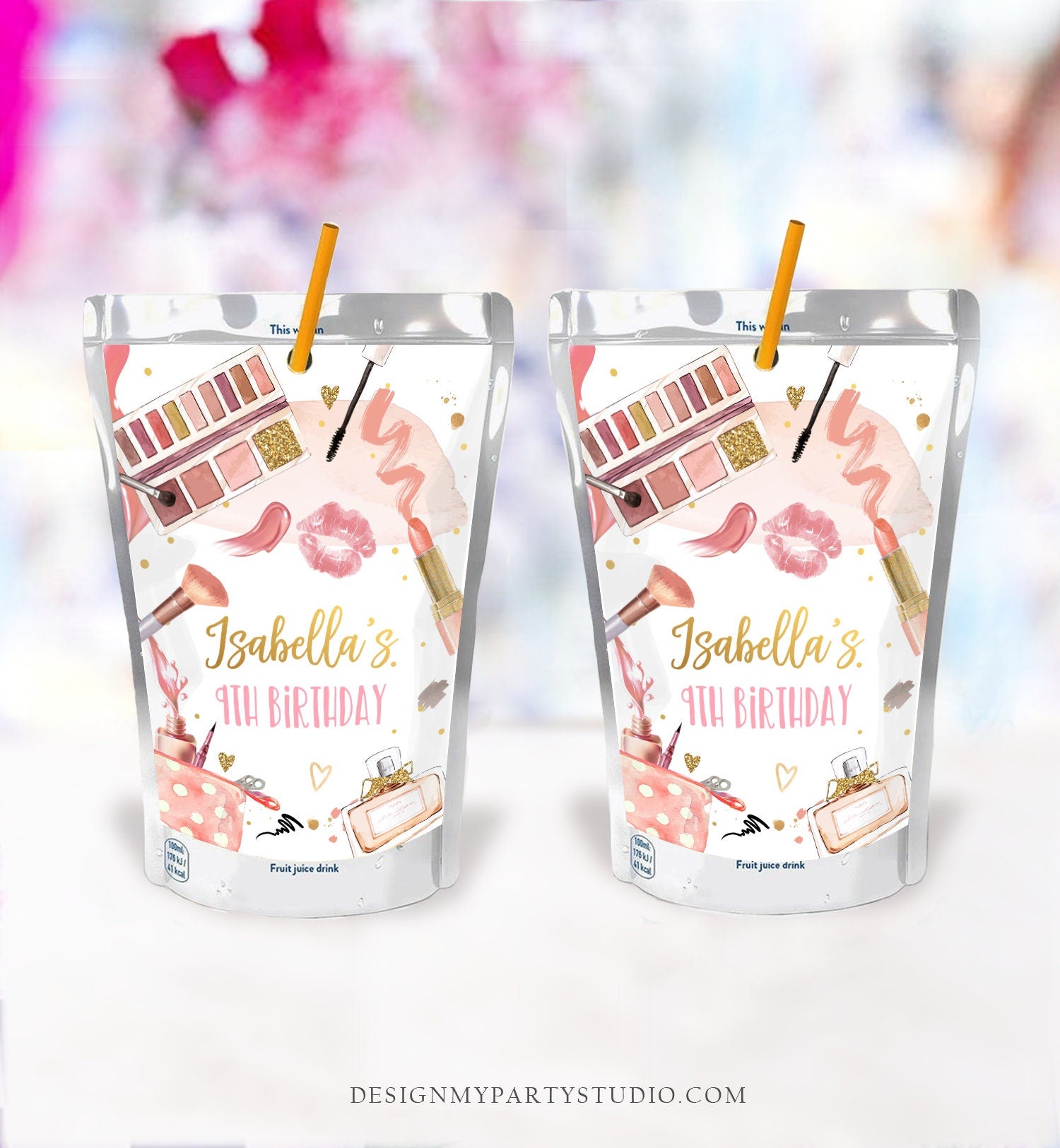 Editable Spa Party Juice Pouch Label Juice Favors Glam Party Glamour Birthday Pamper Party Pink Digital Download Template Printable 0420