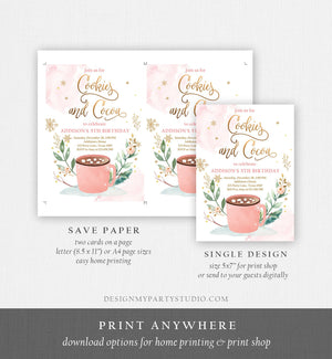 Editable Cookies and Cocoa Invitation Hot Cocoa Party Hot Chocolate Winter Birthday Girl Pink Gold Download Printable Template Corjl 0353