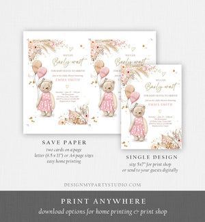 Editable Boho Bear Baby Shower Invitation Girl We can Bearly Wait Pampas Grass Teddy Bear Printable Template Instant Download Corjl 0421