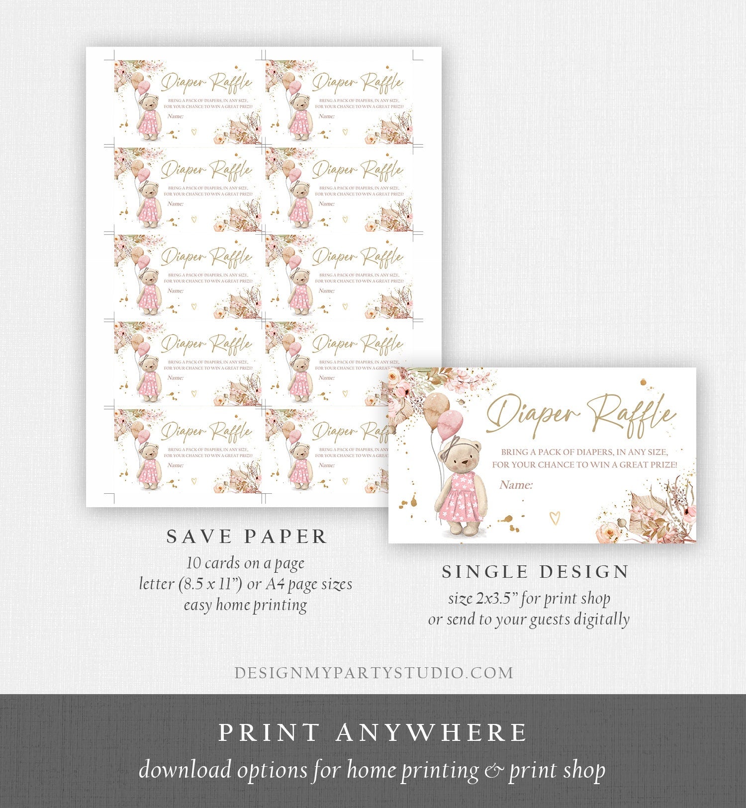 Editable Boho Teddy Bear Diaper Raffle Ticket Bear Baby Shower Pampas Grass Registry Card Diaper Game Girl Digital Template Printable 0421