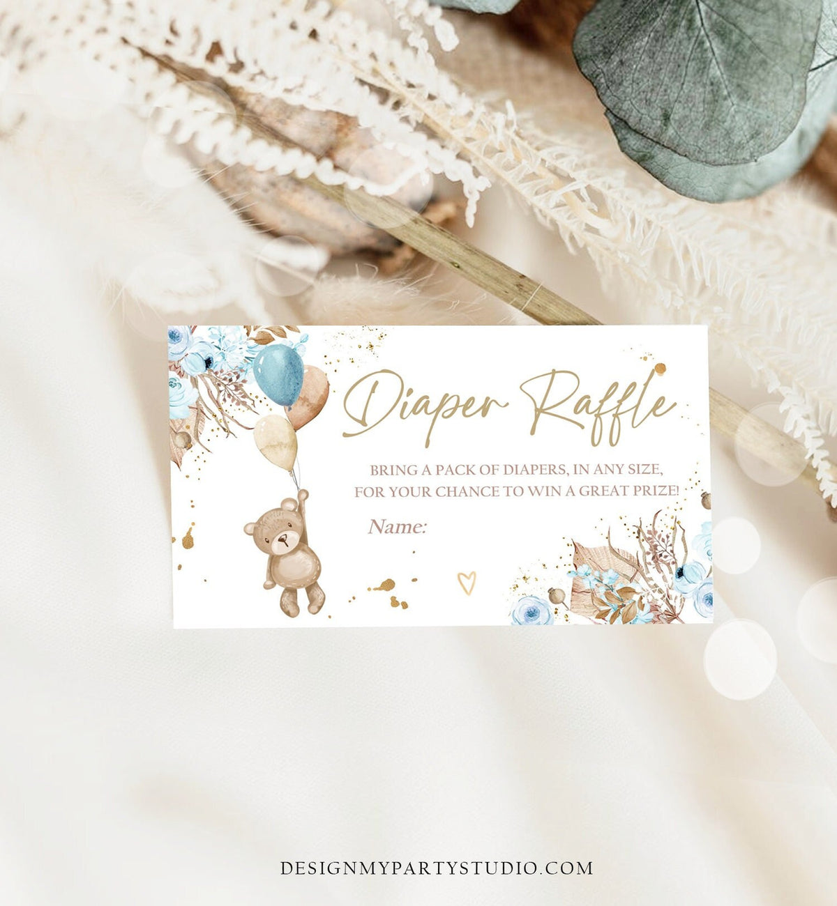 Editable Boho Teddy Bear Diaper Raffle Ticket Bear Baby Shower Pampas Grass Registry Card Diaper Game Boy Template PRINTABLE Corjl 0421