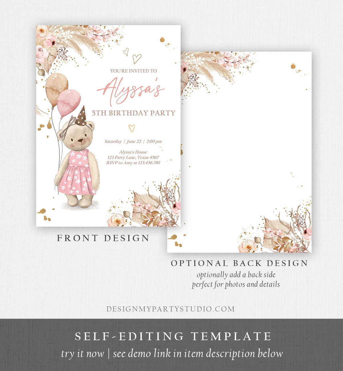 Editable Cute Teddy Bear Birthday Invitation Girl Boho Teddy Bear Picnic Summer Pampas Grass Pink Printable Digital Corjl Template 0421