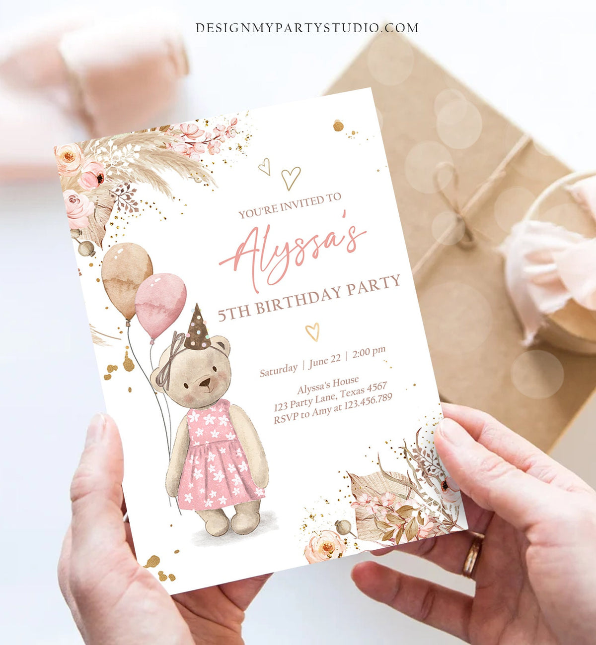 Editable Cute Teddy Bear Birthday Invitation Girl Boho Teddy Bear Picnic Summer Pampas Grass Pink Printable Digital Corjl Template 0421