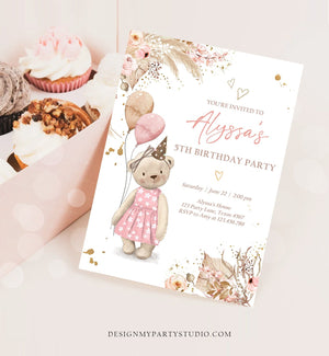 Editable Cute Teddy Bear Birthday Invitation Girl Boho Teddy Bear Picnic Summer Pampas Grass Pink Printable Digital Corjl Template 0421