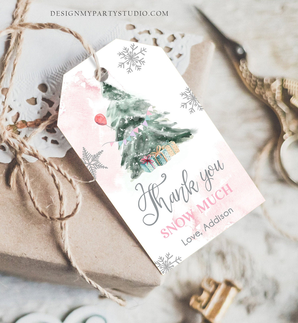Editable Winter Tree Thank You Tag Winter Onederland Pink Girl Christmas Thank You Snow Much Baby Shower Birthday Digital Printable 0363
