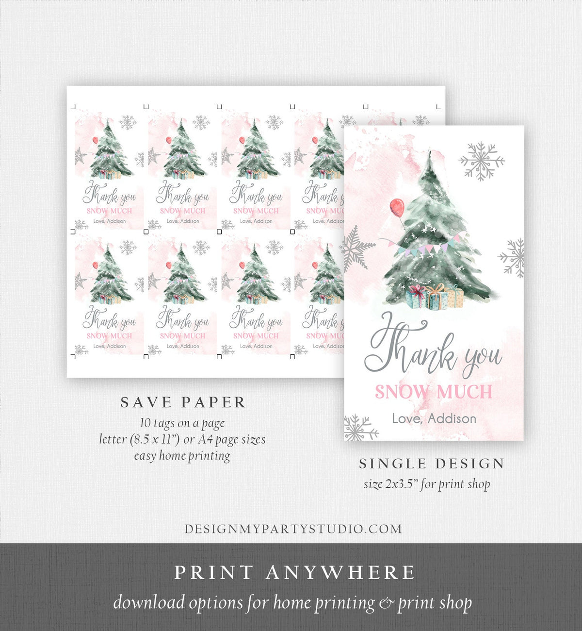 Editable Winter Tree Thank You Tag Winter Onederland Pink Girl Christmas Thank You Snow Much Baby Shower Birthday Digital Printable 0363