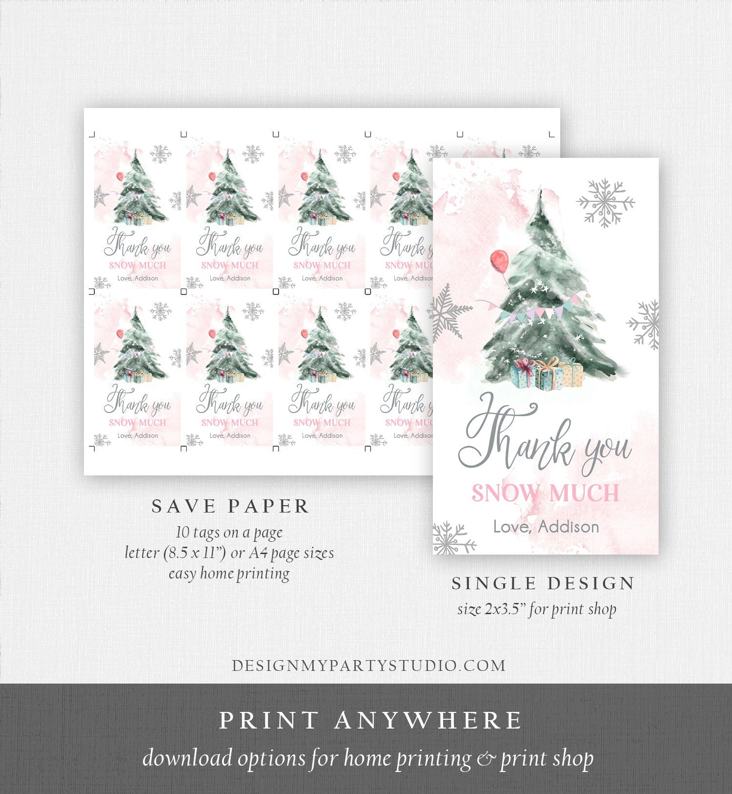 Editable Winter Tree Thank You Tag Winter Onederland Pink Girl Christmas Thank You Snow Much Baby Shower Birthday Digital Printable 0363