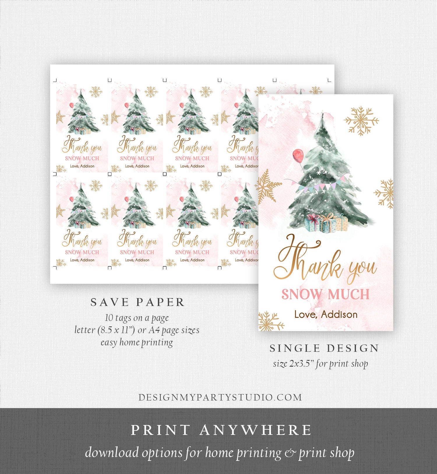 Editable Winter Tree Favor Tag Winter Onederland Pink Girl Christmas Thank You Snow Much Shower Birthday Digital Template Printable 0363