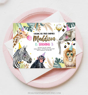 Editable Party Animals Birthday Invitation Leopard Print Safari Animals Zoo Birthday Party Girl Pink Download Printable Template Corjl 0417