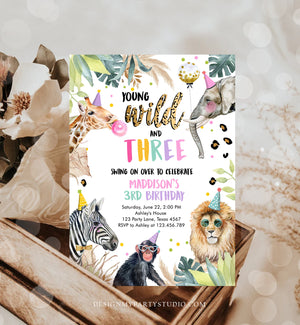 Editable Young Wild and Three Invitation Girl Pink and Gold Safari Animals Zoo Instant Download Printable Template Digital Corjl 0417