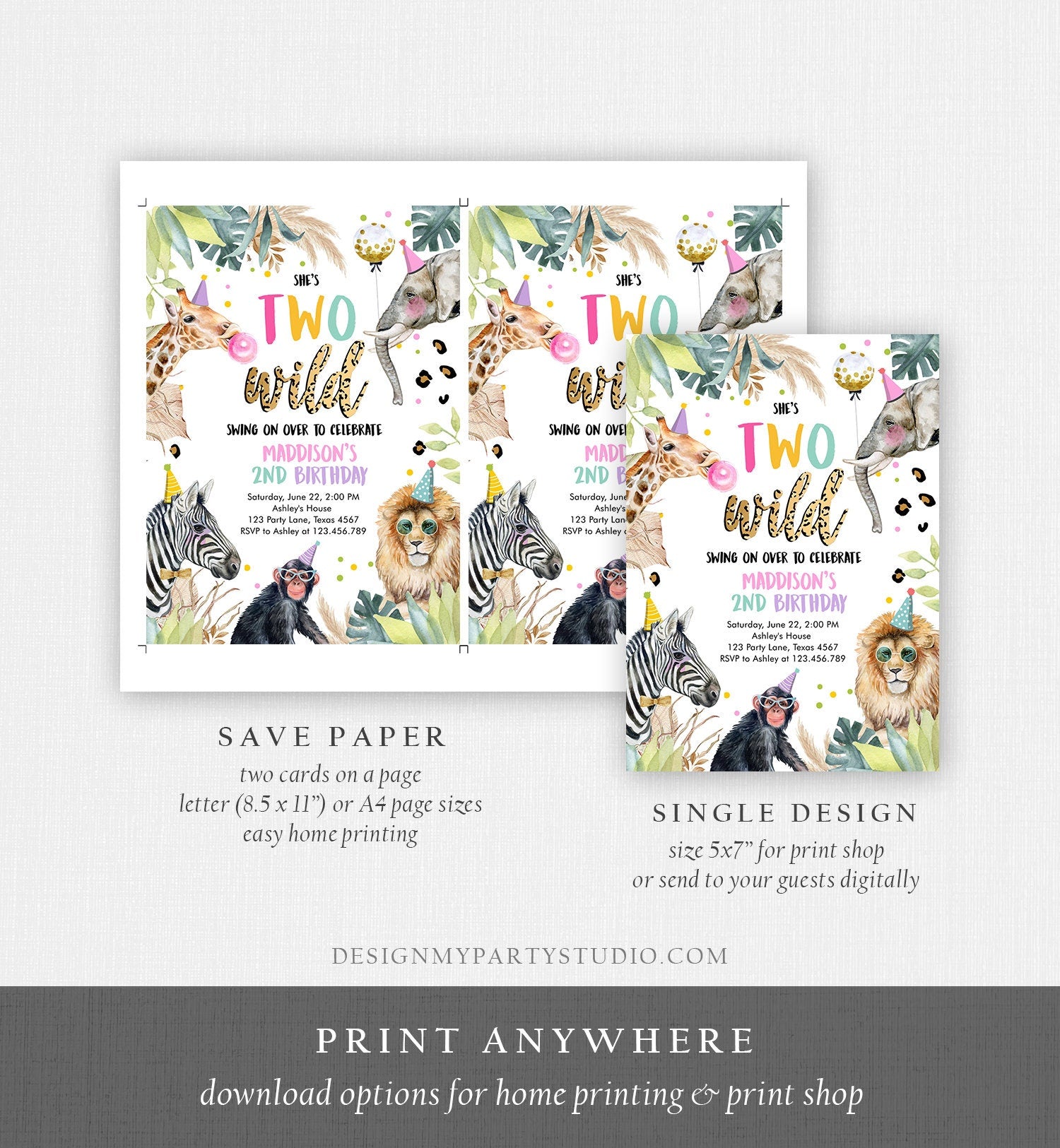 Editable Birthday Invitation Girl Two Wild Party Animals Invite Pink Gold Safari Zoo Birthday Download Printable Template Digital Corjl 0417