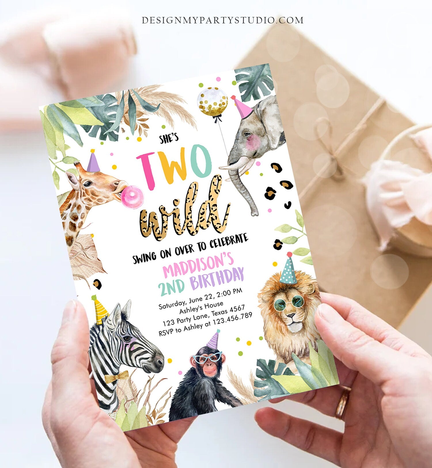 Editable Birthday Invitation Girl Two Wild Party Animals Invite Pink Gold Safari Zoo Birthday Download Printable Template Digital Corjl 0417