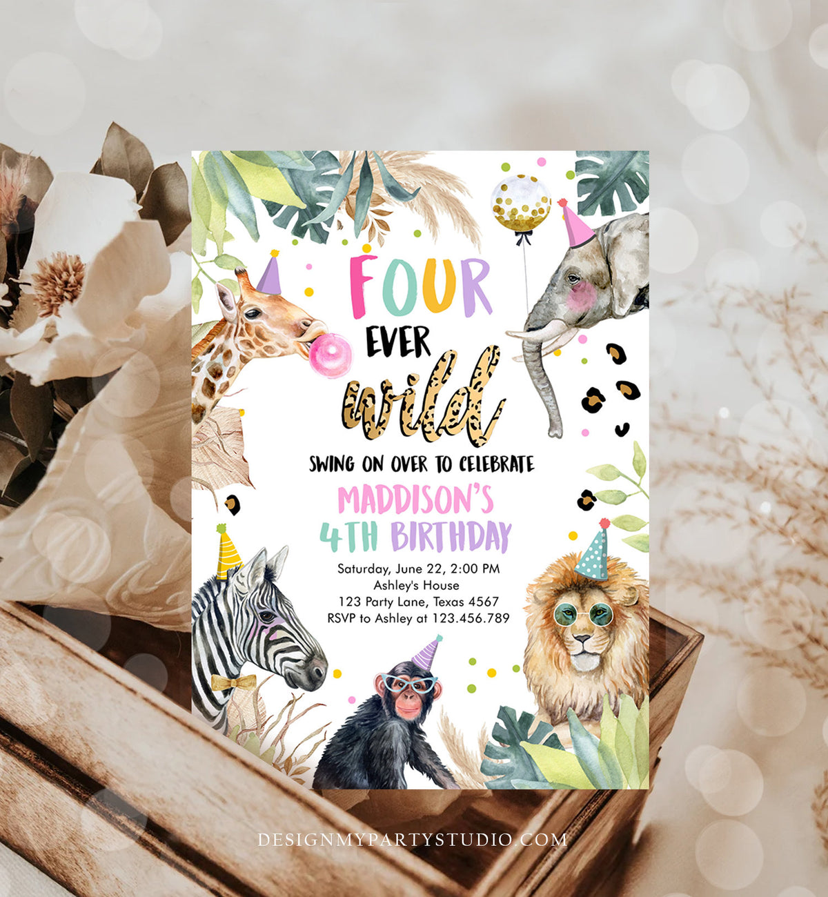 Editable Four Ever Wild Birthday Invitation Leopard Safari Animals Zoo 4th Birthday Party Animals Download Printable Template Corjl 0417